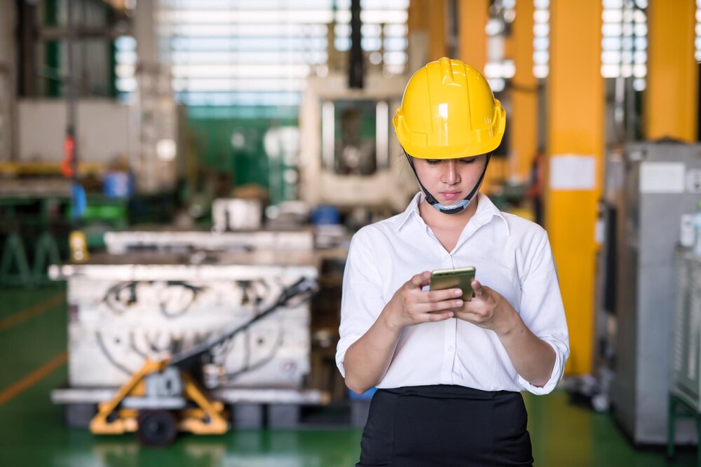Mulher de capacete amarelo usando o celular no chão de uma fábrica