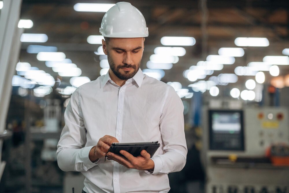 Homem de capacete branco consultando um tablet dentro de uma fábrica